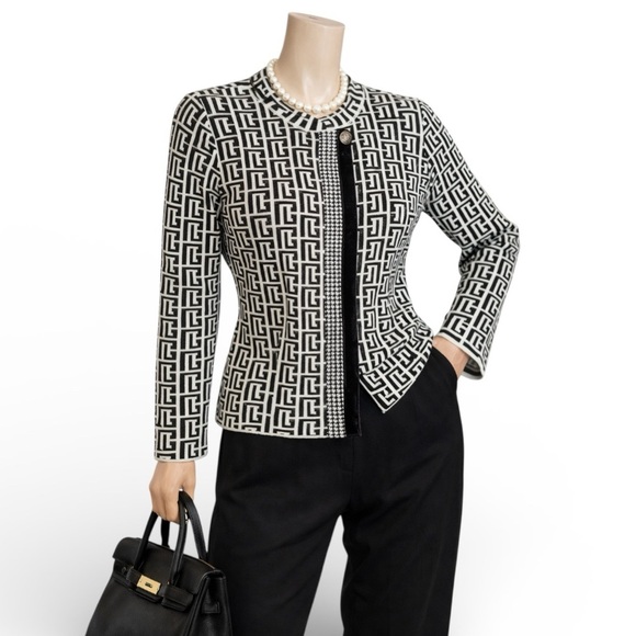 Love + Luxe Sweaters - Luxury Knit Sweater Jacket Black + White Geometric Monogram Women's Large